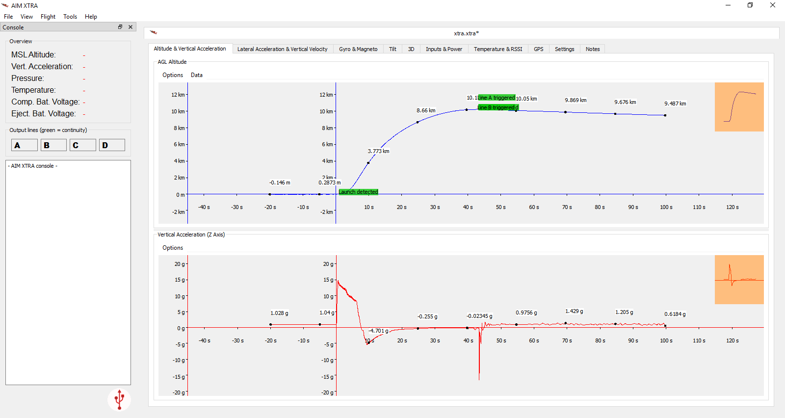 AIM XTRA software showing altitude and acceleration graphs