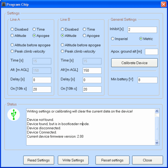 AIM USB settings screen