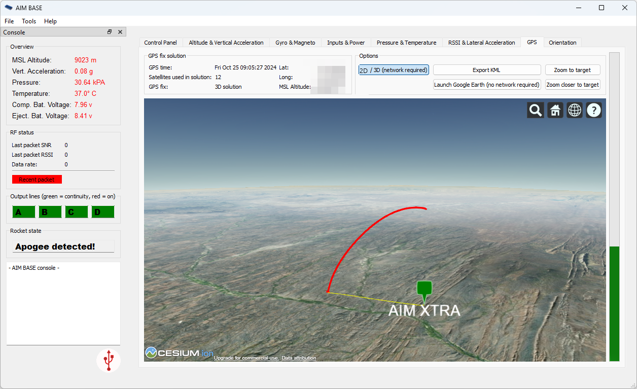 AIM BASE software showing the live GPS position on 3D terrain