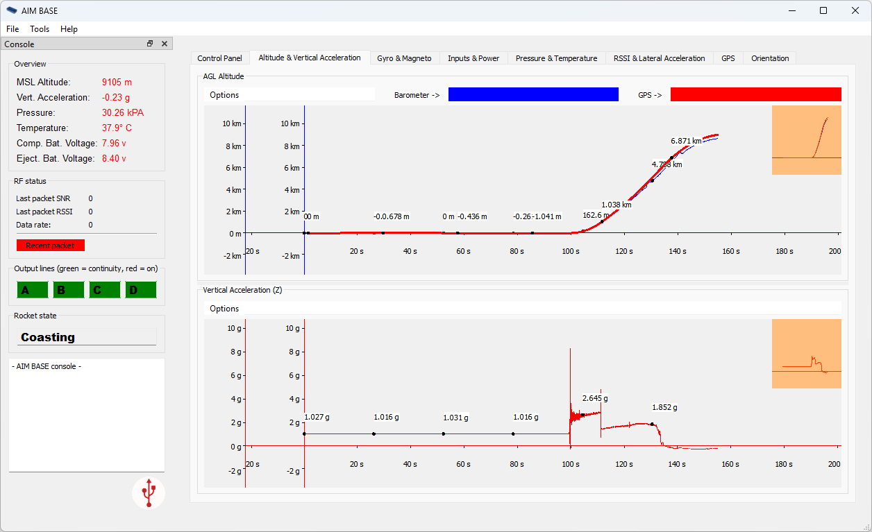 AIM BASE software receiving live altitude and acceleration during a flight