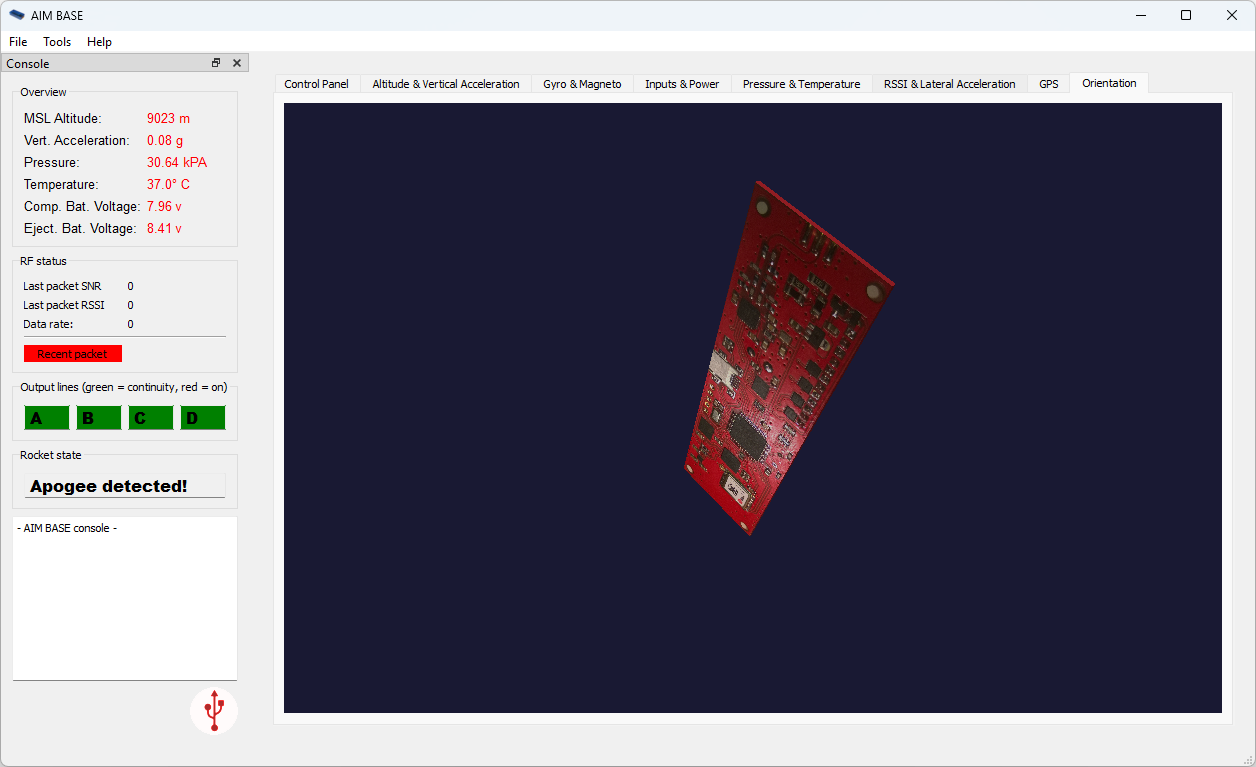 AIM BASE software showing live 3D orientation of the rocket