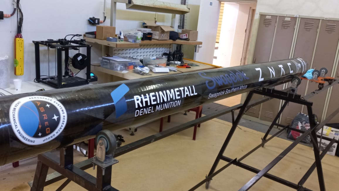 Large carbon fibre research rocket on a stand