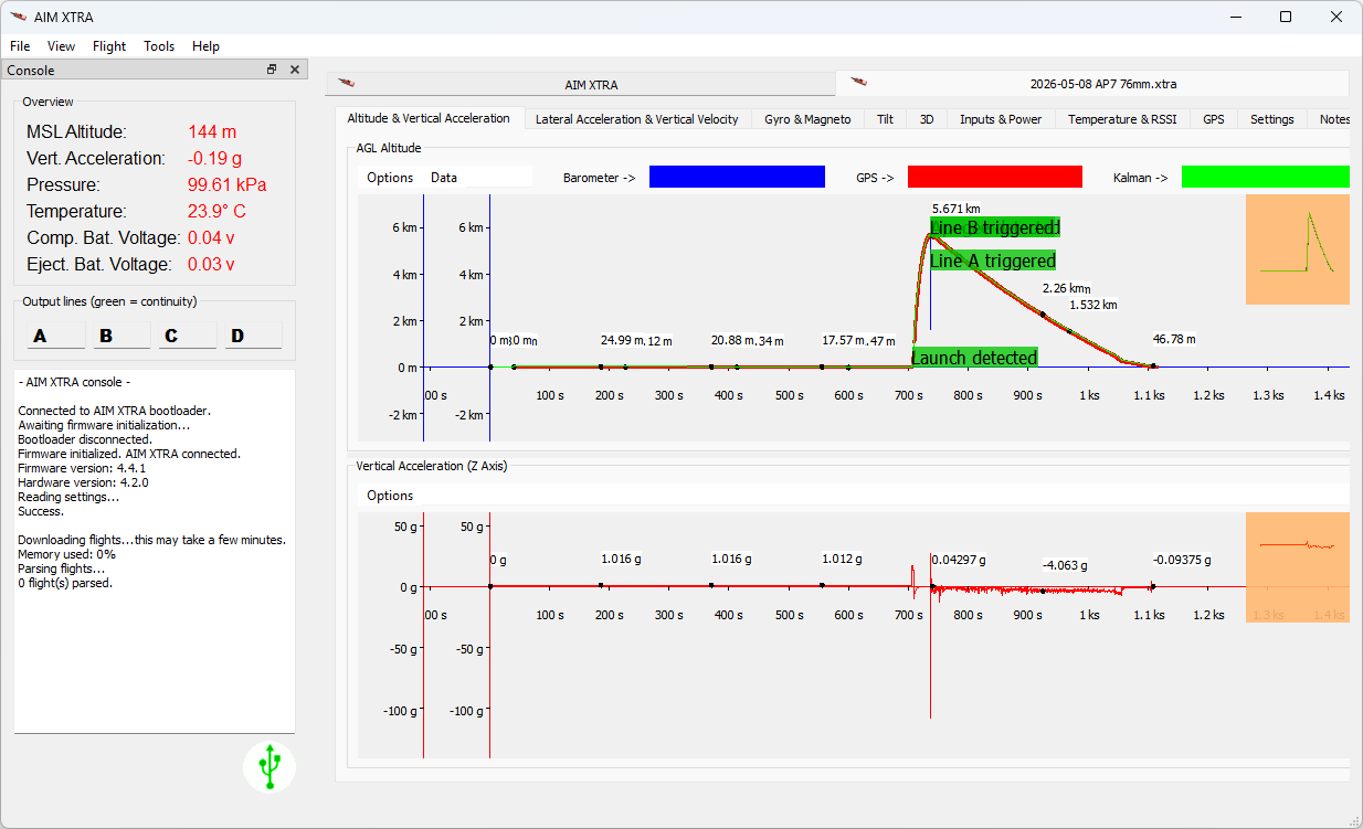 AIM XTRA software showing downloaded flight altitude and acceleration