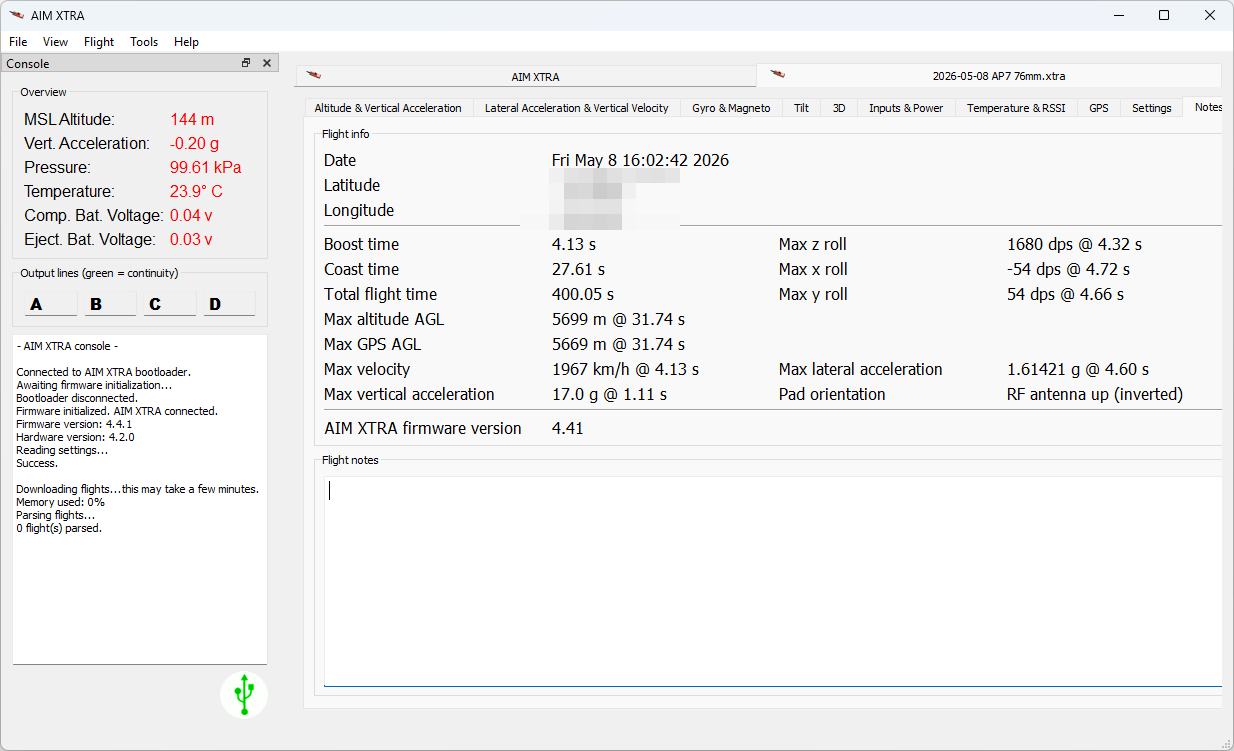 AIM XTRA software flight summary with apogee and velocity figures