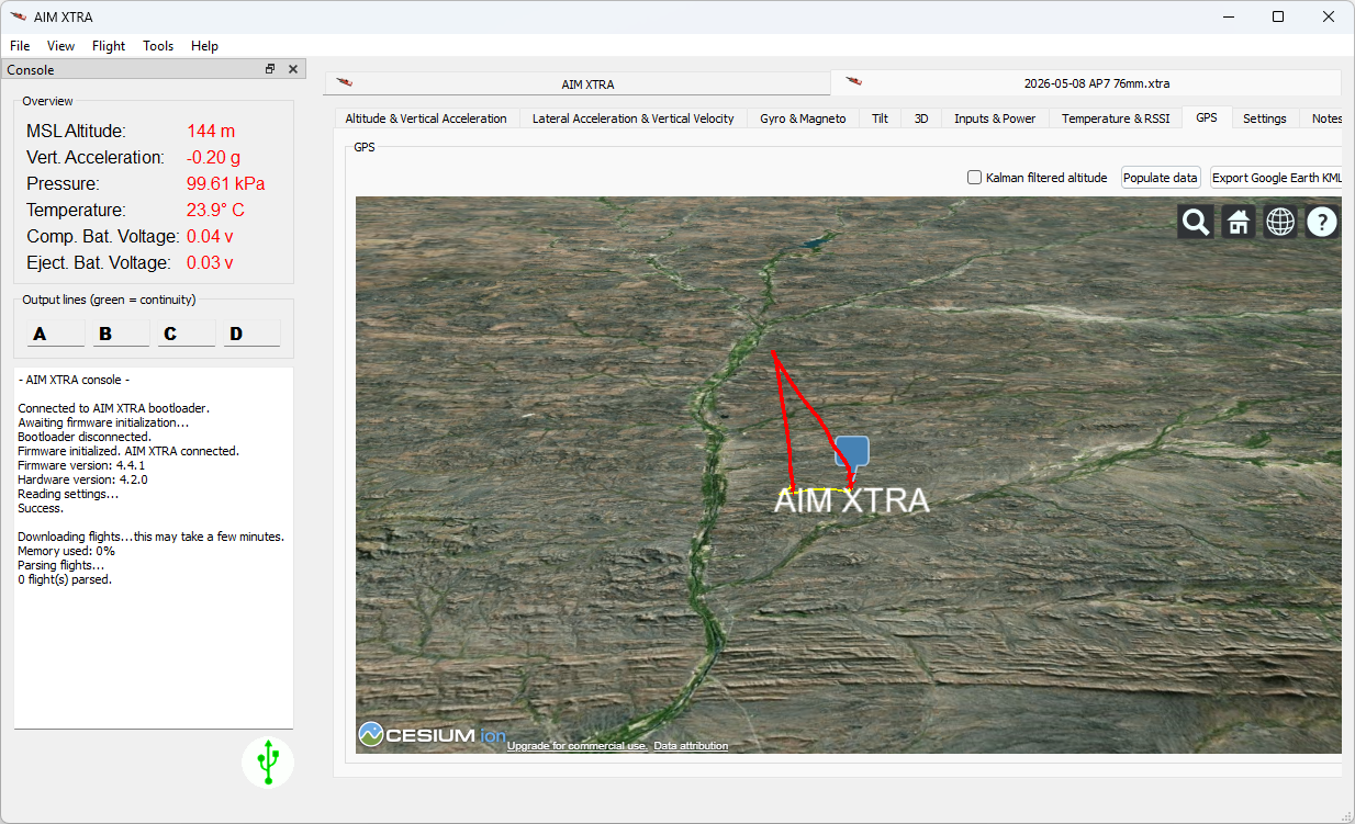 AIM XTRA software showing the GPS flight path on 3D terrain