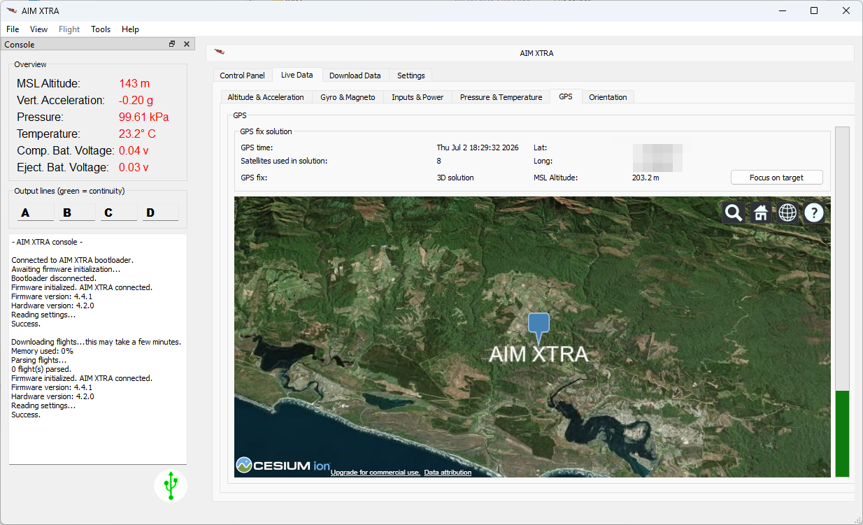 AIM XTRA software showing a live GPS fix on 3D terrain
