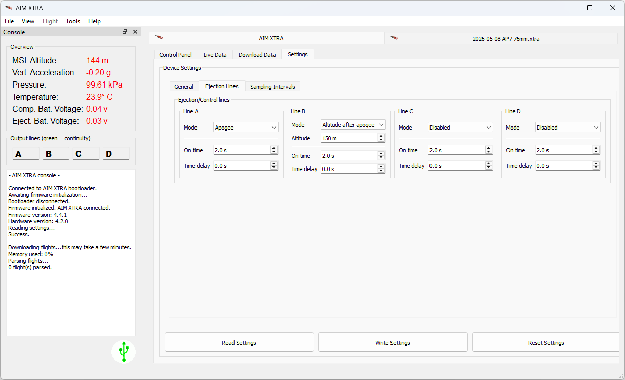 AIM XTRA software ejection line settings