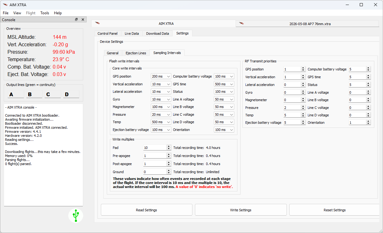 AIM XTRA software sampling interval settings